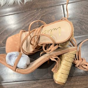 Beige Tan Wrap Around Lace Up Espadrille Heel Sandals